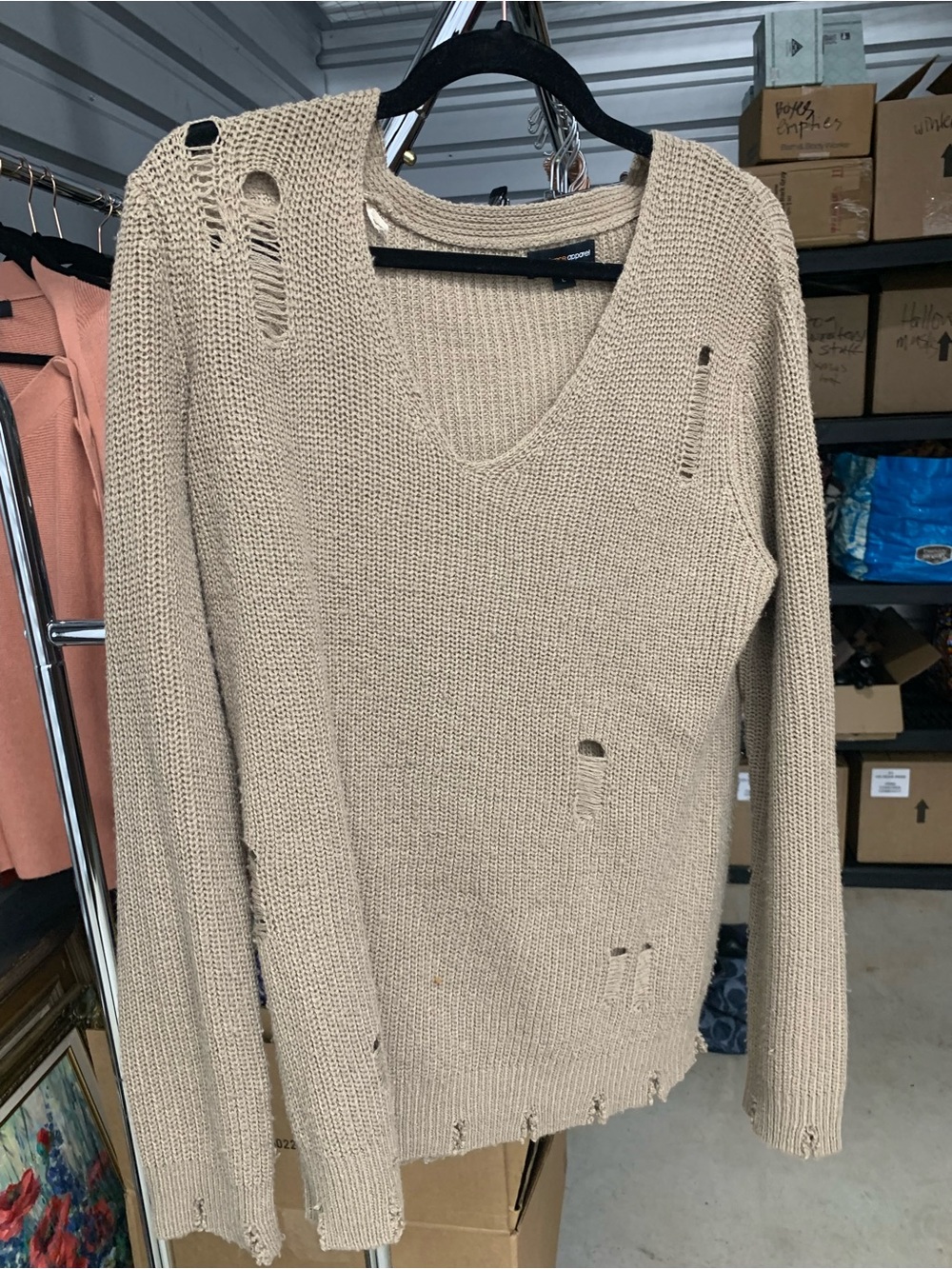Forever 21 Distressed V-Neck Sweater - Beige